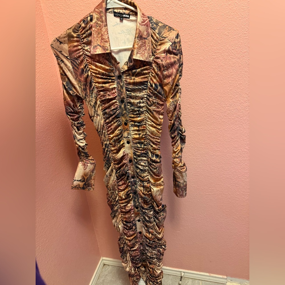 Fashion Nova Multicolor Ruched Long Sleeve Dress